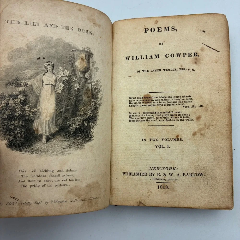 1818 Cowper's Poems Vol I Antique Leather Bound Book William Cowper NY Bartow